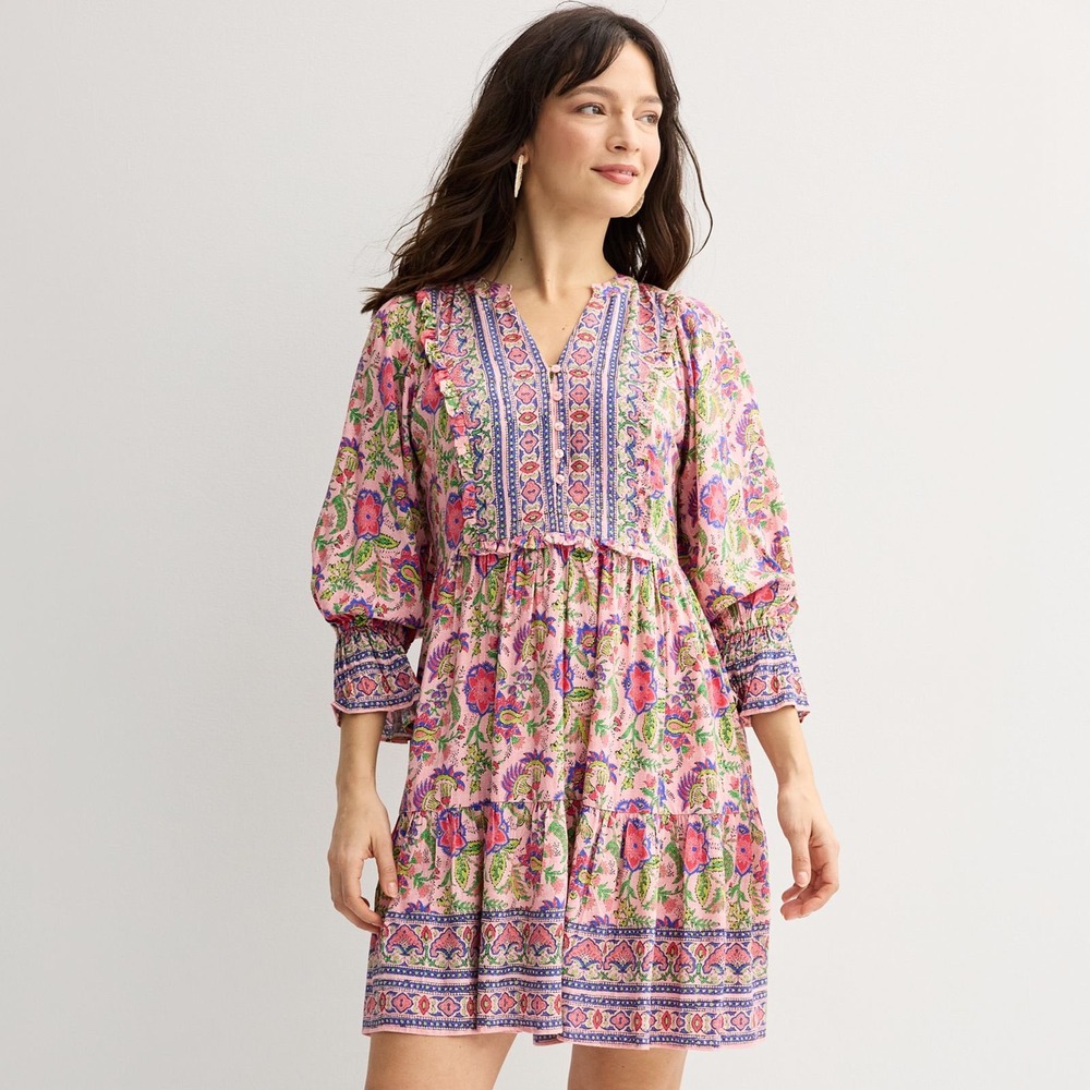 Farmers Market Pink Floral Boho Mini Dress Long Sleeve Ruffle Tiered L
